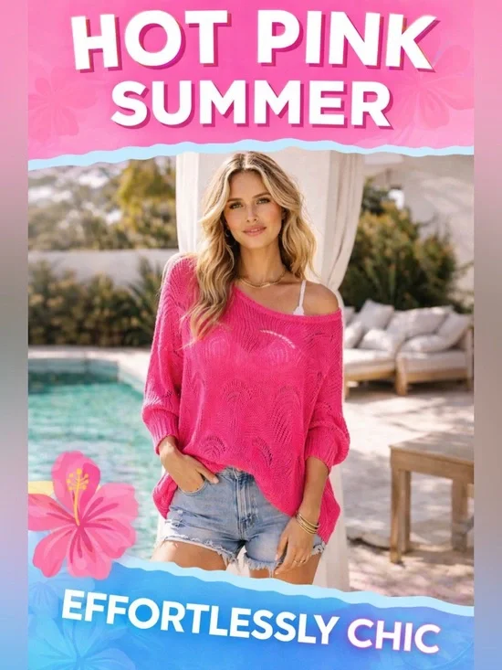 Davi & Dani Hot Pink Open Knit Sweater L Oversized Slouchy Beachy Lightweight - Picture 11 of 11